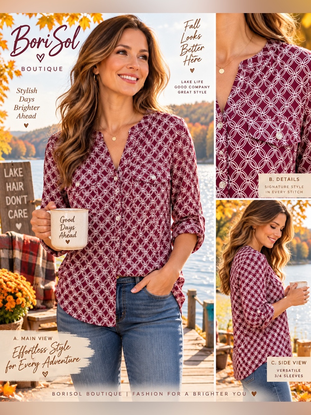 Notations Burgundy & Ivory Geometric 3/4 Sleeve Blouse — Size Large